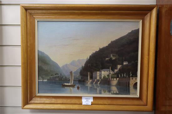19th Century English School, oil on canvas, view of Villa Taverna, Torno, Lake Como, Italy, signed JK, 1854, 34 x 46cm